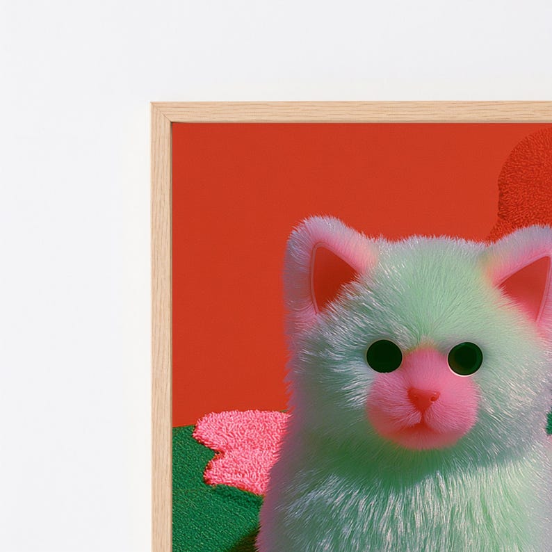 K&ouml;nnte beinhalten: Ein gerahmter Wandkunstdruck, der ein flauschiges, mintgr&uuml;nes K&auml;tzchen mit einer leuchtend rosa Nase und rosa Innenohren zeigt. Das K&auml;tzchen ist vor einem leuchtend orangefarbenen Hintergrund platziert, mit einem strukturierten gr&uuml;nen und rosa Fleck.