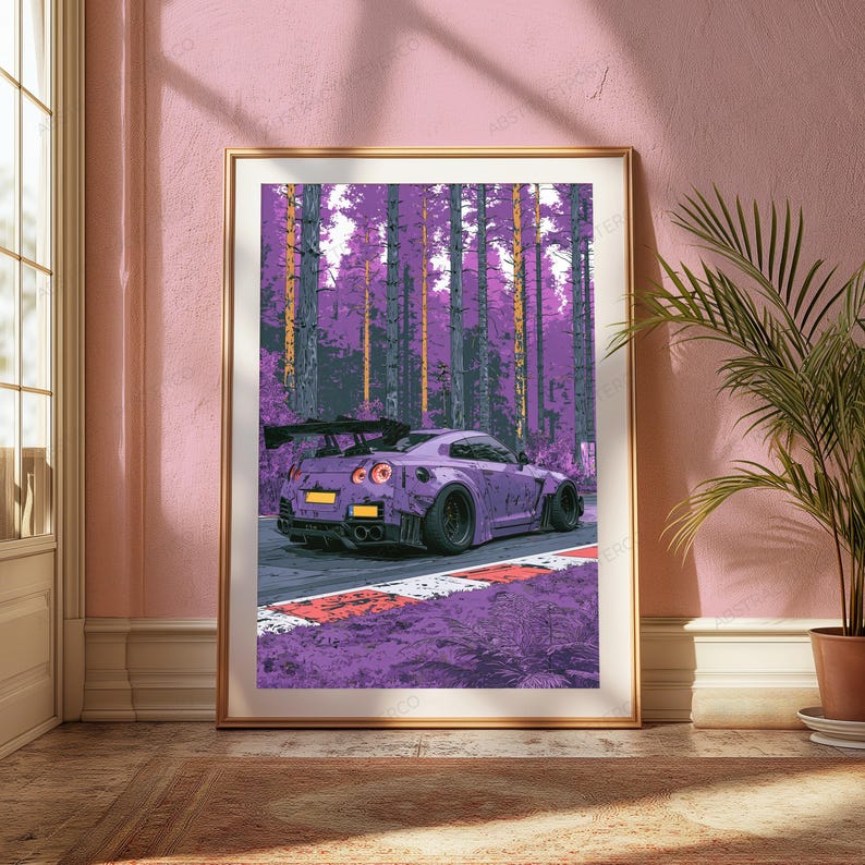 Lila sportbilsskogskörning | Neon Vaporwave-väggkonst | Modern popkonst-tryck | Digital nedladdning A3 A2 A1 bild 5