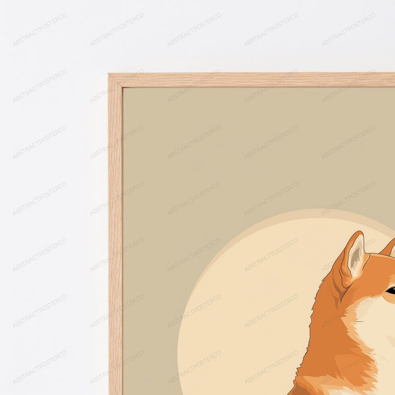 May include: A framed wall art print featuring a stylized illustration of a Shiba Inu dog with orange and white fur, positioned against a large, pale circular background set within a light wood frame against a plain white wall.