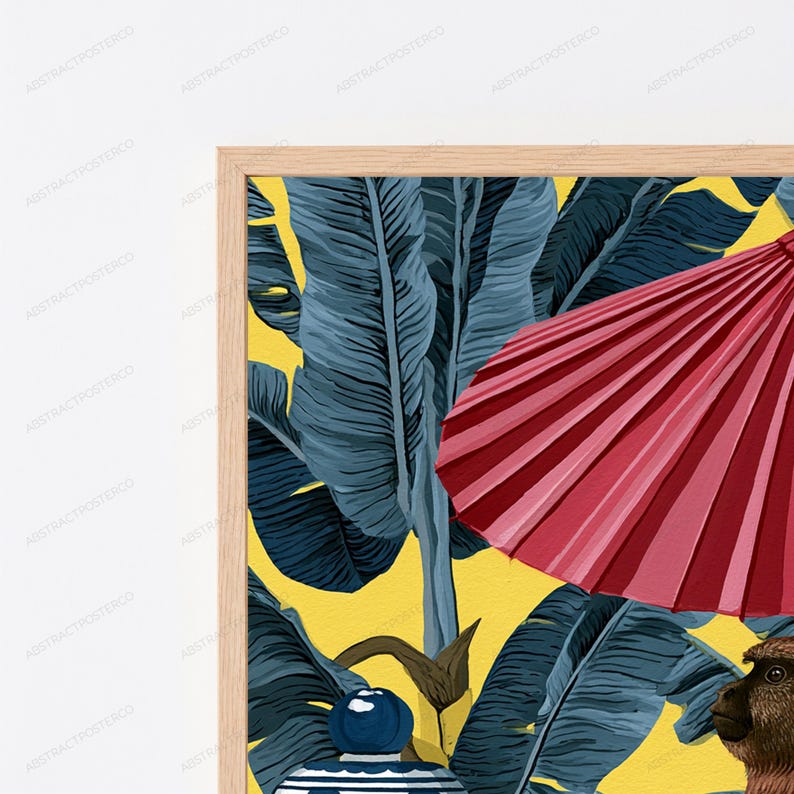 May include: A framed wall art print featuring a vibrant yellow background with dark blue tropical banana leaves. A large, pleated red parasol is positioned in the upper right, and a blue and white patterned ceramic jar sits below.