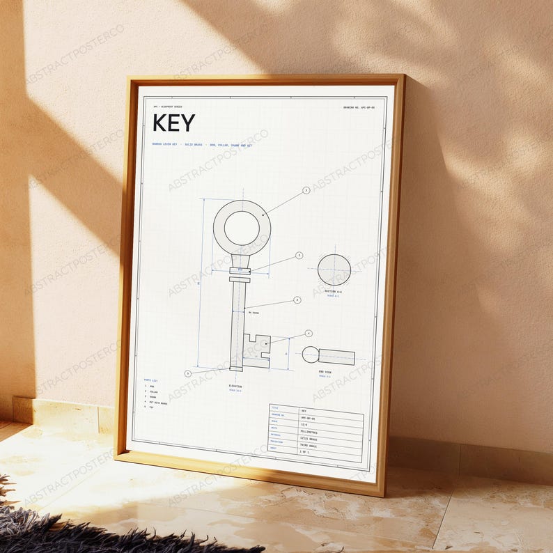 Technical Key Blueprint Print | Vintage Engineering Diagram | Minimalist Industrial Wall Art image 4