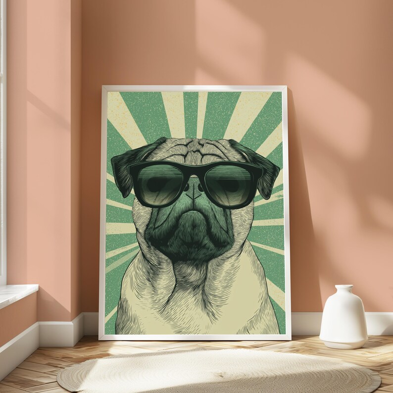 May include: A framed wall art print featuring a stylized illustration of a pug dog wearing black sunglasses. The background consists of a green and cream-colored sunburst pattern with a distressed, vintage-inspired texture throughout the image.