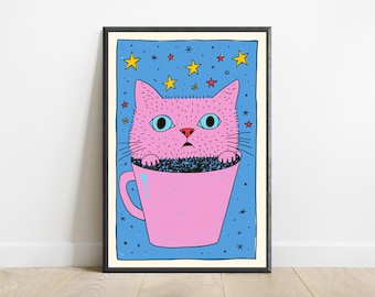 Gato rosa en taza de café con estrellas - Lámina de arte pop / Arte mural de gato caprichoso / Decoración original para el hogar / Descarga digital A3 A2 A1