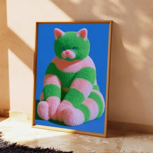 Fluffy Cat Pop Art Print | Colorful Striped Feline Wall Art | Vibrant Home Decor | Digital Download A3 A2 A1 image 5