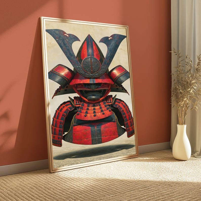 Peut inclure: Une impression d'art mural encadr&eacute;e repr&eacute;sentant une illustration d&eacute;taill&eacute;e d'un casque et d'une armure de samoura&iuml;. L'armure est principalement rouge vif avec des accents bleu fonc&eacute; et des textures m&eacute;talliques, arborant un casque kabuto.