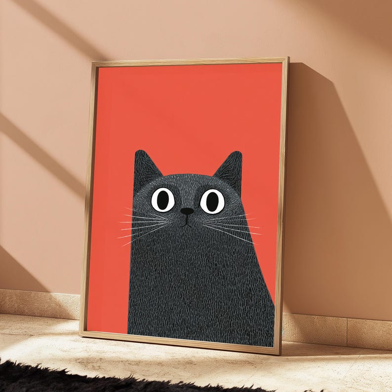 Shocked Black Cat Pop Art Print | Funny Wide-Eyed Feline | Minimalist Wall Art | Digital Download A3 A2 A1 image 9