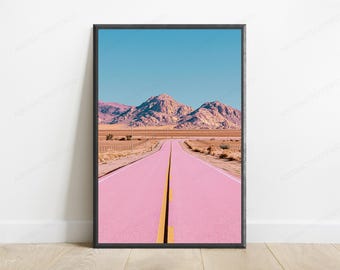 Pink Desert Highway Mountain Landscape | Road Trip Wall Art | Minimalist Modern Print | Digital Download A3 A2 A1