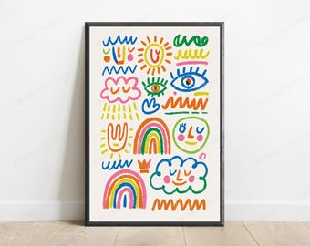 Colourful Doodle Characters Wall Art | Happy Rainbow Print | Minimalist Line Art Poster | Digital Download A3 A2 A1