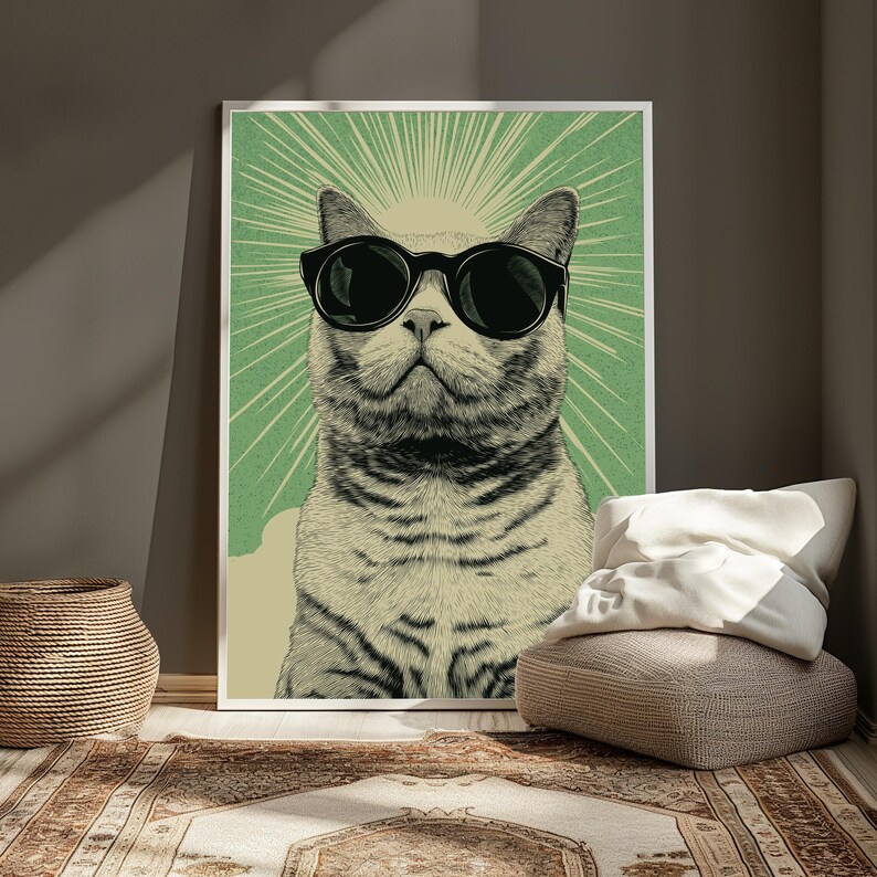 Puede incluir: Una impresi&oacute;n de arte mural vertical que presenta una ilustraci&oacute;n estilizada de un gato con gafas de sol negras grandes. El gato est&aacute; centrado sobre un fondo verde claro con l&iacute;neas de rayos de sol. La obra utiliza una paleta de colores crema y verde.