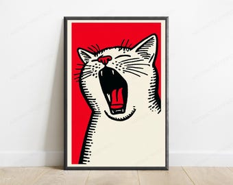Lámina de arte pop "Gato rugiente" / Arte mural minimalista en rojo intenso / Retrato animal moderno / Descarga digital A3 A2 A1