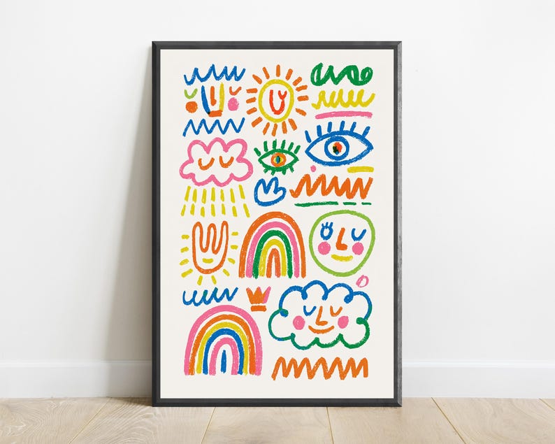 Decorazione murale con personaggi colorati in stile doodle / Stampa arcobaleno allegra / Poster minimalista con linee stilizzate / Download digitale A3 A2 A1 immagine 7