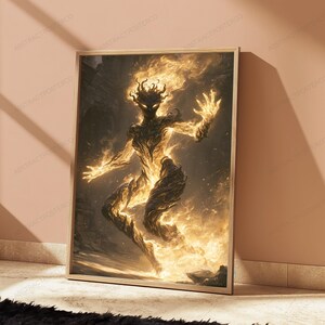 May include: A framed rectangular wall art print featuring a dark, humanoid figure composed of swirling golden flames and embers. The figure is depicted in a dynamic, floating pose against a dark, textured background with bright light.
