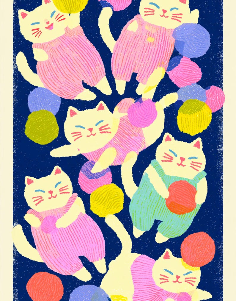 Playful Cats with Colourful Yarn Balls Pop Art Print | Whimsical Minimalist Wall Art | Cat Lover Gift Decor | Digital Download A3 A2 A1 image 7