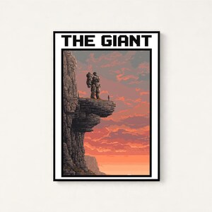 May include: A rectangular poster titled THE GIANT in black pixelated font. The artwork depicts a massive, rocky, humanoid figure standing on a cliff edge overlooking a vast landscape under a vibrant orange and purple sunset sky.