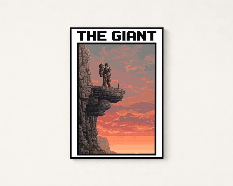 May include: A rectangular poster titled THE GIANT in black pixelated font. The artwork depicts a massive, rocky, humanoid figure standing on a cliff edge overlooking a vast landscape under a vibrant orange and purple sunset sky.