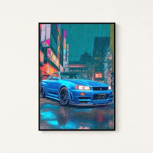 Stampa di un'auto sportiva blu neon in una città piovosa / Street art cyberpunk / Decorazione murale moderna / Download digitale A3 A2 A1 immagine 1