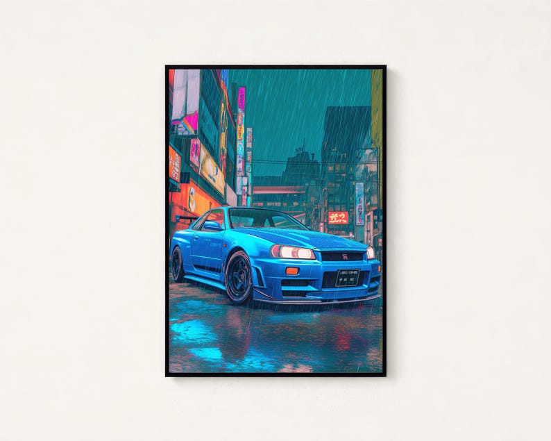 Stampa di un'auto sportiva blu neon in una città piovosa / Street art cyberpunk / Decorazione murale moderna / Download digitale A3 A2 A1 immagine 1