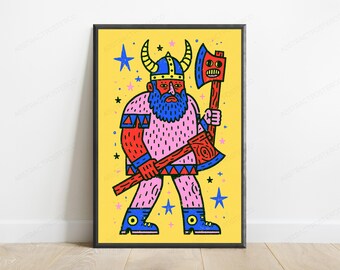 Colorful Viking Warrior Pop Art Print | Bold Axe Demon Character Wall Art | Quirky Home Decor | Digital Download A3 A2 A1