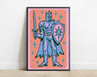 Retro Warrior Knight Pop Art Print | Colourful Fantasy Armour Wall Art | Minimalist Home Decor | Digital Download A3 A2 A1