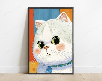 White Fluffy Cat Pop Art Print | Big Green Eyes Pet Portrait | Colorful Minimalist Wall Art | Digital Download A3 A2 A1