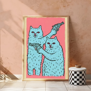 Armed Cats Pop Art Print | Retro Neon Pistols Wall Art | Quirky Colourful Home Decor | Digital Download A3 A2 A1 image 2