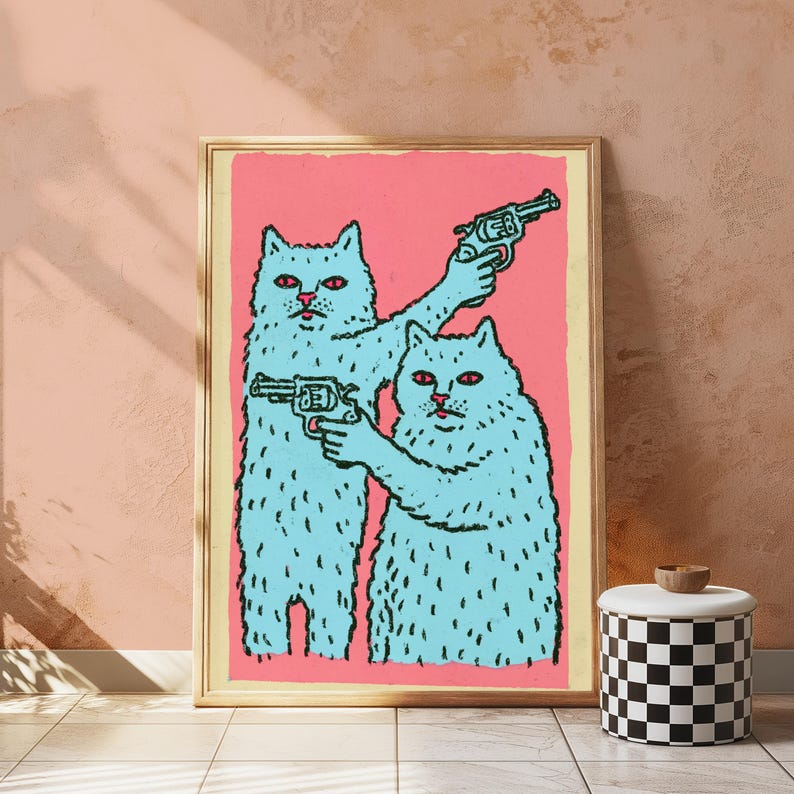 Armed Cats Pop Art Print | Retro Neon Pistols Wall Art | Quirky Colourful Home Decor | Digital Download A3 A2 A1 image 2