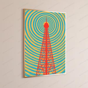 Puede incluir: Una impresi&oacute;n de arte mural rectangular en un marco dorado que presenta una torre de radio de celos&iacute;a roja centrada sobre un fondo de c&iacute;rculos conc&eacute;ntricos en tonos alternos de amarillo brillante y azul cian, creando un patr&oacute;n gr&aacute;fico vibrante.