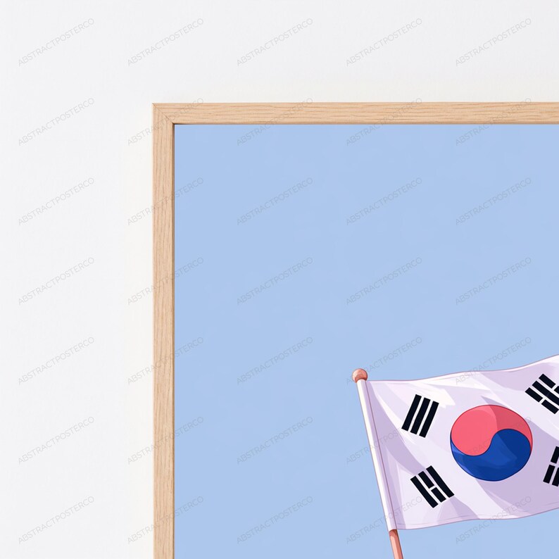 May include: A framed wall art print featuring a light blue background and the South Korean flag. The flag is white with a central red and blue taegeuk symbol and four black trigrams in the corners. The frame is made of light-colored wood.