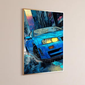 Voiture de sport bleue Rainy Street Anime | Impression d'art urbain de rue | Décoration murale cyberpunk | Téléchargement numérique A3 A2 A1 image 9