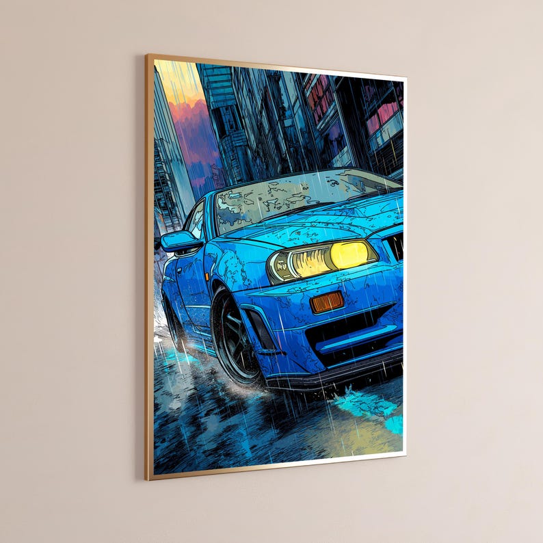 Voiture de sport bleue Rainy Street Anime | Impression d'art urbain de rue | Décoration murale cyberpunk | Téléchargement numérique A3 A2 A1 image 9