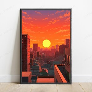 May include: A framed vertical art print depicting a city skyline at sunset. The scene features a bright yellow sun centred against a vibrant orange and purple sky with clouds, overlooking a dense urban landscape of buildings in deep shadows.