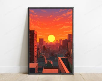 Anime Tokyo Rooftop Print | Neon Night Cityscape Illustration (Digital Download)