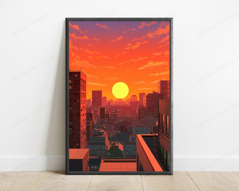 May include: A framed vertical art print depicting a city skyline at sunset. The scene features a bright yellow sun centred against a vibrant orange and purple sky with clouds, overlooking a dense urban landscape of buildings in deep shadows.