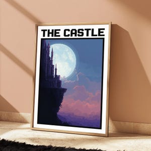 Lámina de arte pixelado de acantilado con castillo iluminado por la luna / Arte mural de cielo nocturno fantástico / Decoración mística para el hogar / Descarga digital A3 A2 A1 imagen 2