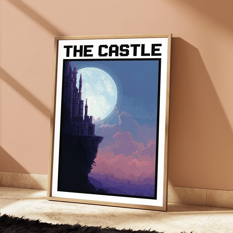 Lámina de arte pixelado de acantilado con castillo iluminado por la luna / Arte mural de cielo nocturno fantástico / Decoración mística para el hogar / Descarga digital A3 A2 A1 imagen 2