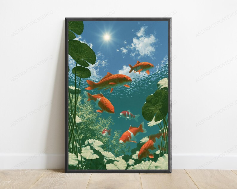 May include: A framed vertical wall art print depicting a vibrant underwater scene with multiple orange and white koi fish swimming among green lily pads and aquatic plants, beneath a bright blue sky with a visible sun and scattered white clouds.