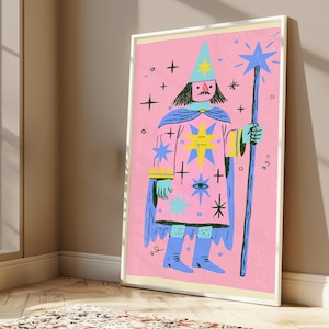 Wydruk karty tarota „Magiczny Czarodziej” | Miecz z różowo-niebieskimi gwiazdami | Minimalistyczna sztuka ścienna w stylu fantasy | Pobieranie cyfrowe A3 A2 A1 zdjęcie 5