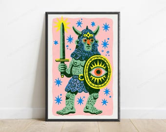 Mystical Demon Warrior with Sword Shield Pop Art Print | Colorful Fantasy Wall Art | Maximalist Home Decor | Digital Download A3 A2 A1
