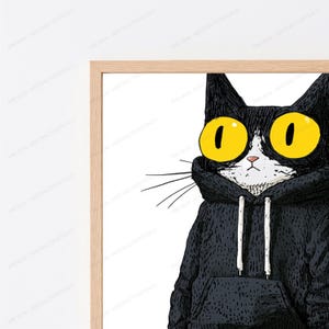 Coole schwarze Katze Hoodie Pop Art Print | Lustige Tierwandkunst | Minimalistisches Katzendekor | Digitaler Download A3-A2-A1 Bild 2