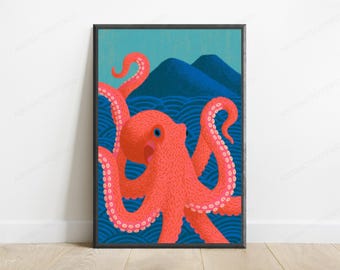Affiche Pop Art Pieuvre Rose Corail | Décoration Murale Créature Marine | Décoration Océan Audacieuse | Téléchargement Numérique A3 A2 A1