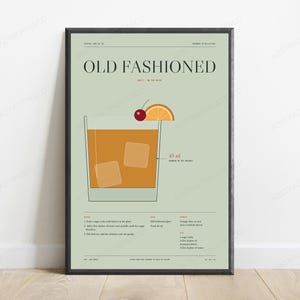 Old Fashioned Cocktail Recipe Print in Sage | Whiskey Drink Wall Art | Retro Bar Decor image 1
