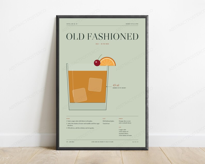 Old Fashioned Cocktail Recipe Print in Sage | Whiskey Drink Wall Art | Retro Bar Decor image 1