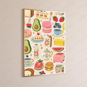 Pastel Food Pattern Art Print | Whimsical Kitchen Wall Decor | Macarons Avocado Cake Sweets Illustration bild 3