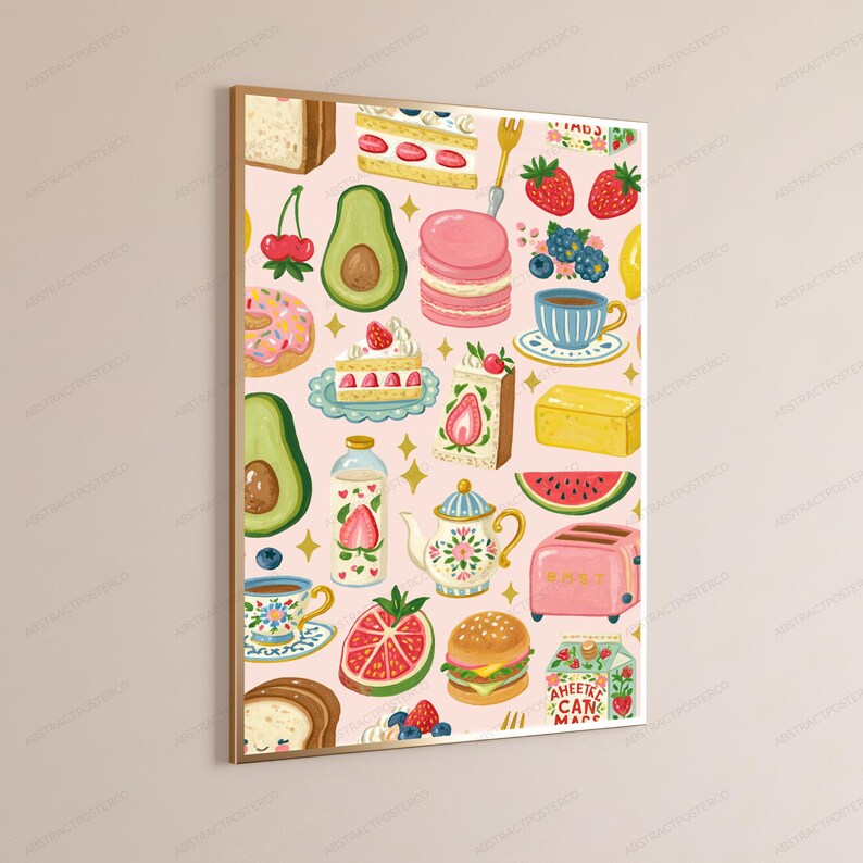 Pastel Food Pattern Art Print | Whimsical Kitchen Wall Decor | Macarons Avocado Cake Sweets Illustration bild 3