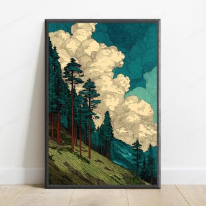 May include: A vertical rectangular wall art print featuring a landscape with tall, slender pine trees on a grassy, sloped hillside. The scene includes large, voluminous cream-colored clouds against a deep teal sky, rendered with detailed line work.