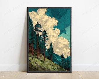 Mountain Forest Landscape Japanese Art Print | Minimalist Nature Wall Art | Teal Cloud Sky Decor | Anime-Inspired Home Art | Digital Downloa