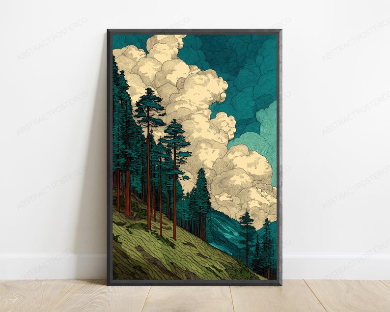 May include: A vertical rectangular wall art print featuring a landscape with tall, slender pine trees on a grassy, sloped hillside. The scene includes large, voluminous cream-colored clouds against a deep teal sky, rendered with detailed line work.