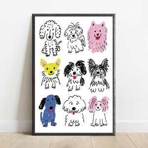 May include: A framed art print featuring a grid of nine stylized dog illustrations drawn with crayon-like lines. The dogs are depicted in various colors including black, pink, yellow, and blue, set against a plain white background.