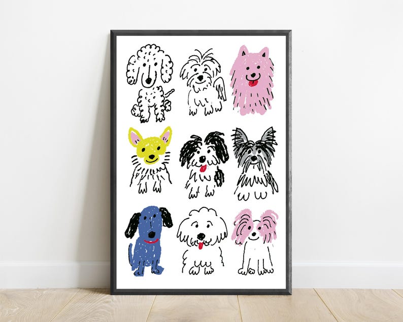 May include: A framed art print featuring a grid of nine stylized dog illustrations drawn with crayon-like lines. The dogs are depicted in various colors including black, pink, yellow, and blue, set against a plain white background.