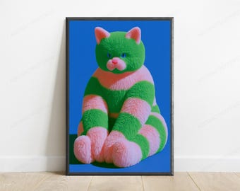 Fluffy Cat Pop Art Print | Colorful Striped Feline Wall Art | Vibrant Home Decor | Digital Download A3 A2 A1